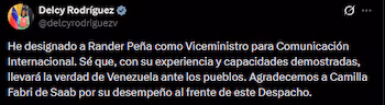 Дельси Родригес объявила о назначении