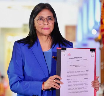 Женщина с темными волосами и очками, одетая в синий пиджак, держит в руках документ с красно-черным текстом «ЗАКОН АМНИСТИИ».