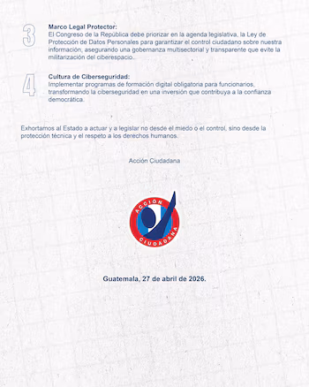 Снимок экрана цифрового документа о кризисе кибербезопасности в Гватемале с текстом на испанском языке и кнопкой «Продолжить».