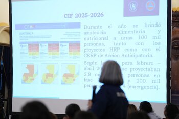 На проекционном экране отображаются графики и карты Гватемалы, связанные с продовольственной безопасностью, на затылке ведущего.