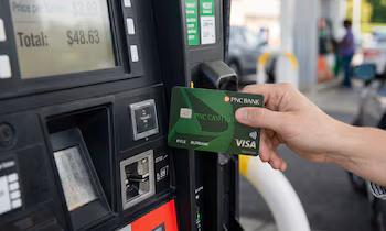 Крупный план руки, вставляющей кредитную карту PNC Bank Visa в бензоколонку, на экране отображается общая сумма 48,63 доллара.