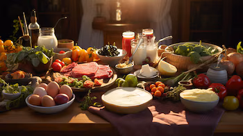 На семейном столе представлены разнообразные продукты, способствующие здоровью и благополучию. От сочного красного мяса и яиц до обогащающего молока и ароматного чеснока — каждый элемент имеет свою пищевую ценность. Бобовые и киноа составляют основу, богатую белком, а свежие фрукты и овощи вместе с оливковым маслом придают блюду пикантности. Рыба и орехи содержат незаменимые жирные кислоты, а ягоды и зеленый чай содержат антиоксиданты. И, наконец, шоколад добавляет сладкое удовольствие, которое дополняет эту разнообразную палитру необходимых питательных веществ (иллюстративное изображение Infobae).