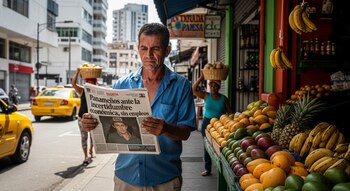 Мужчина читает газету перед фруктовым ларьком, где продаются манго, ананасы и бананы; Позади женщина несет на голове корзину, а по городской улице проезжают желтые такси.