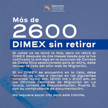 Владельцы, указанные в официальном списке, могут получить свой DIMEX в штаб-квартире миграционной службы в Ла-Уруке в 10:00, 12:00 или 14:00 без предварительной записи. (Изображение: Главное управление миграции и иммиграции Коста-Рики)