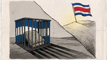 В клетке с флагом Никарагуа находится треснувшая книга, а флаг Коста-Рики развевается над холмом с другой стороны.