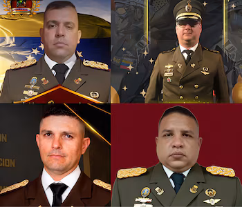 Композиция разделена на четыре картины с портретами мужчин в военной форме со знаками различия и наградами.