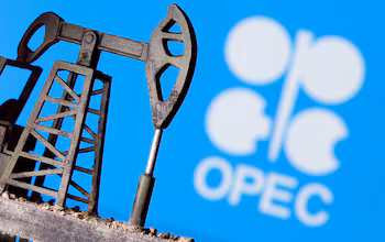 Нефтяная бомба, напечатанная на 3D-принтере, перед логотипом ОПЕК. REUTERS/Дадо Рувич